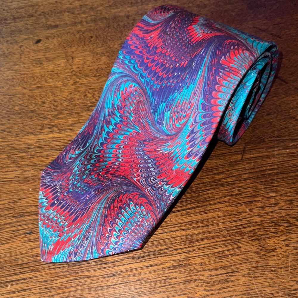 Moth Red and Blue Hand Marbled Silk Swirl Tie Made USA